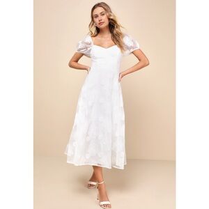 NWOT Lulu’s Sweetest Behavior White Embroidered Puff Sleeve
Midi Dress Large